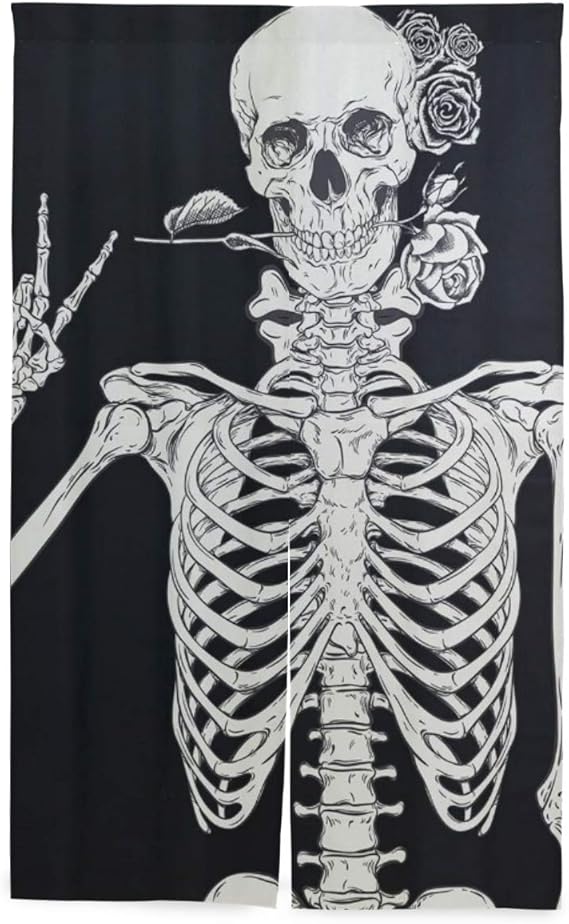 JISMUCI Cortinas，Cráneo Floral Diversión Esqueleto Negro Blanco Horror