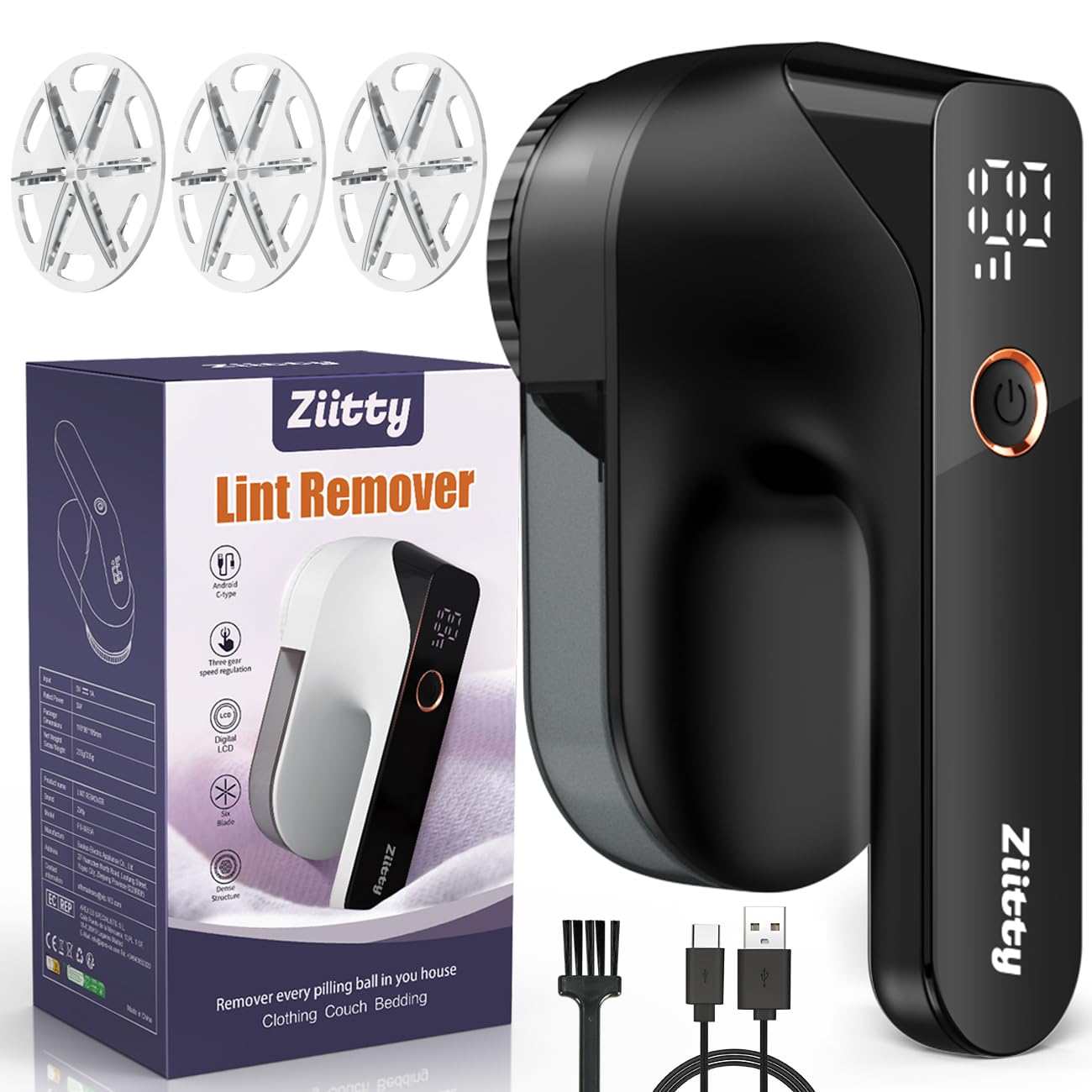 Photo 1 of Fabric Shaver - Ziitty Lint Remover for Clothes, Sweater Defuzzer with LCD Display, 3-Speeds, 6-Blade, Type-C Rechargeable, Sweater Shaver to Remove Pilling Fuzz Lint Balls Pills for Clothes Furniture