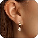 Gold Earrings for Women,14k Gold Plated Pearl Drop Earring Dainty Gold Bridal Prom Earrings Small Cute Stud Earring Wedding Dangle Earrings for Women Trendy Prom Bride Jewelry Gifts