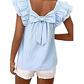Chvity Short Sleeve Bow Shirts for Women Elegant Square Neck Double Layer Ruffle Sleeve Ladies Tops and Blouses Sky Blue