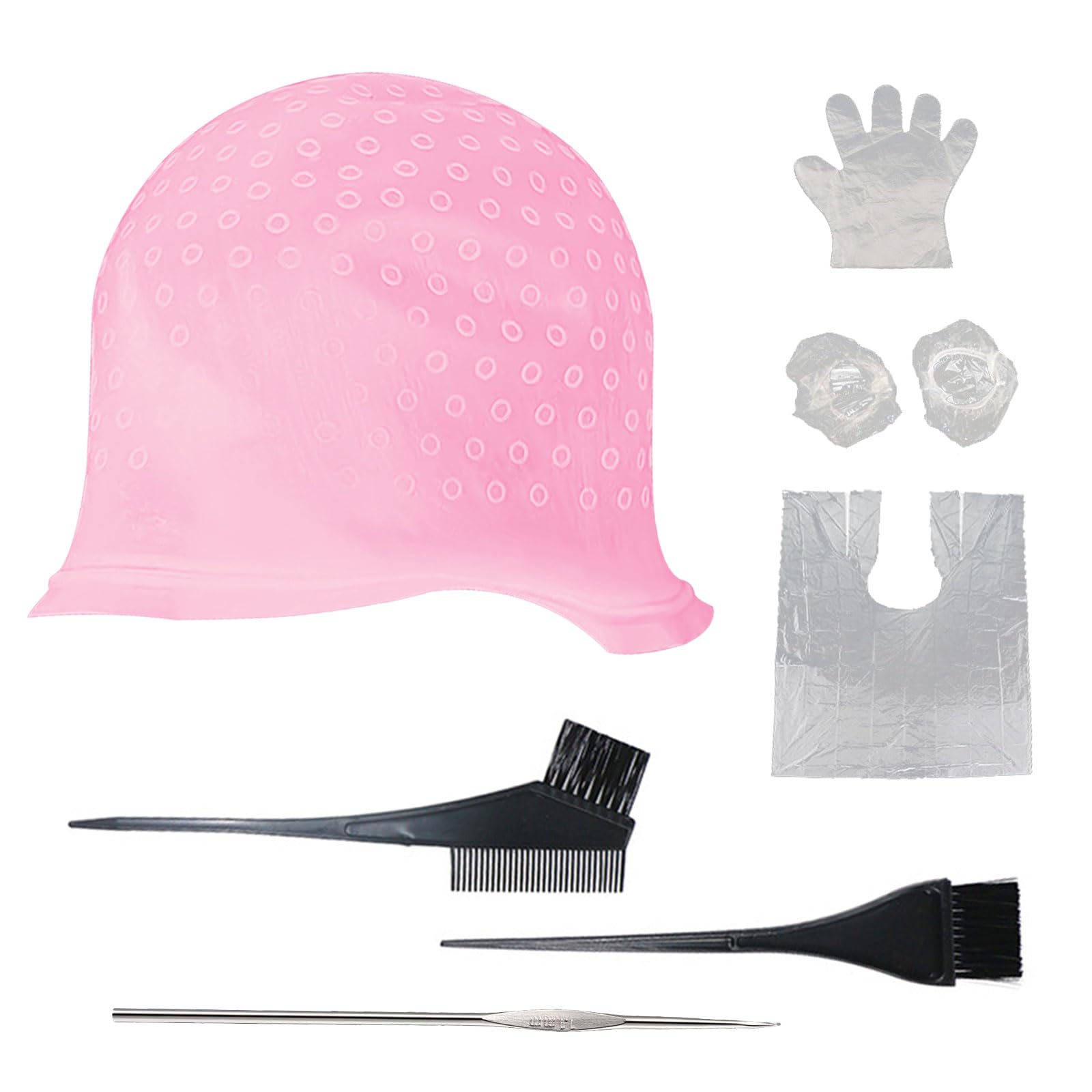 SKHAOVS 7 Pcs Silicone Highlight Cap Kit, Punched Hole Silicone Highlight Hair Cap with Needle Highlighting Frosting Cap for Color Salon Silicone Hairdressing Tools for Women Girls (Pink)