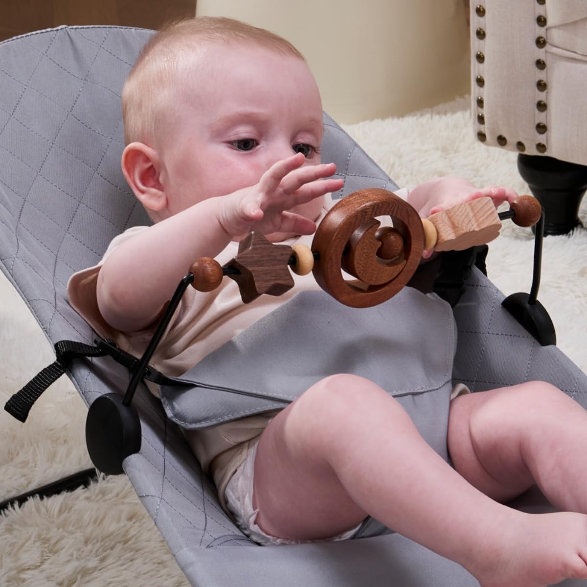 Toy Bar Compatible with Baby Bjorn Bouncer Toy Bar for Baby Bouncer, Durable Wooden Baby Bouncer Toy Bar Attachment, Rotatable Baby Sensory Toy (Natural Wood Colors)