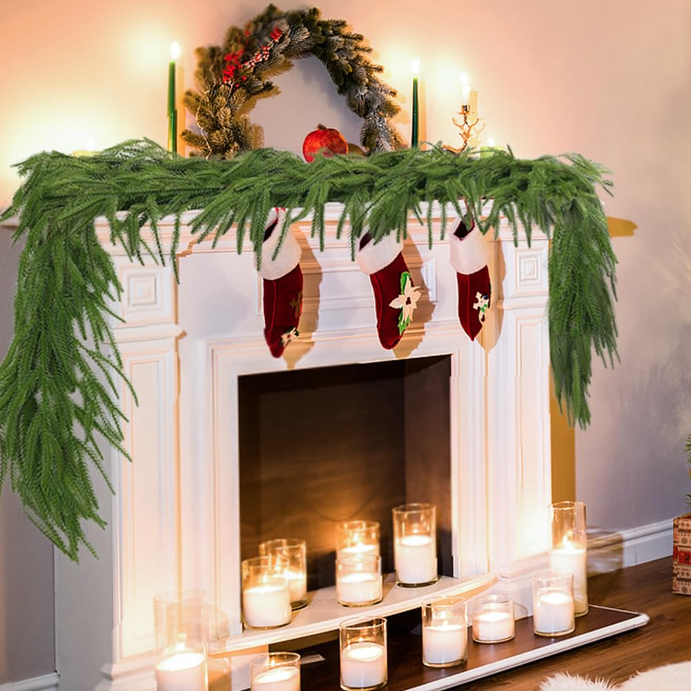 Photo 1 of 2 Pcs 9FT Norfolk Pine Garland Upgrade Thicker Real Touch Artificial Faux Greenery Garland Christmas Garlands for Winter Window Fireplace Mantle Table Holiday Indoor Outdoor Decor