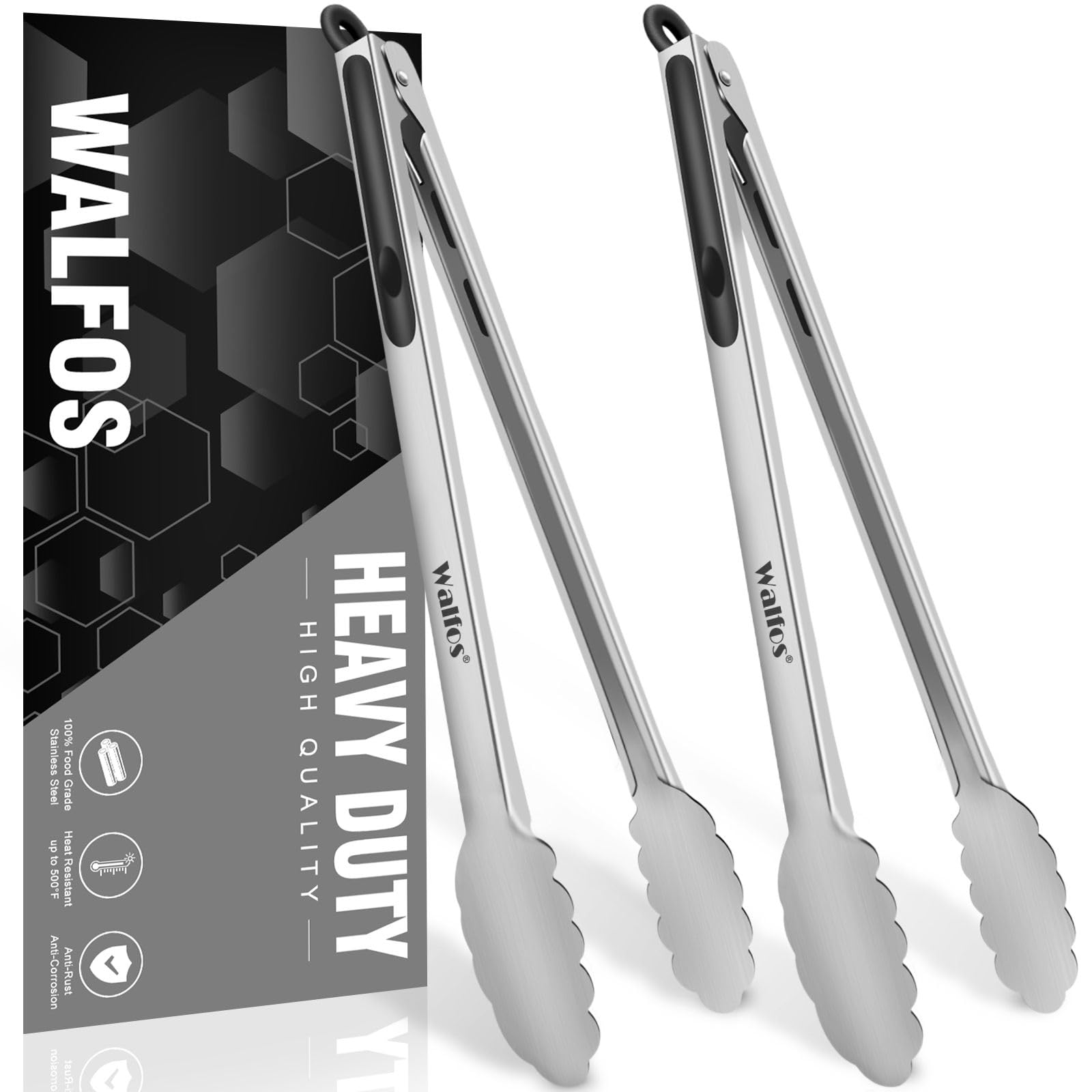 Walfos Barbecue Tongs - Heavy Duty Grill Tongs, Stainless Steel and Non-Slip Heat Resistant Handle - BBQ Tongs Great for Cooking, Grilling, Turning and BBQ(2Pack - 17in)