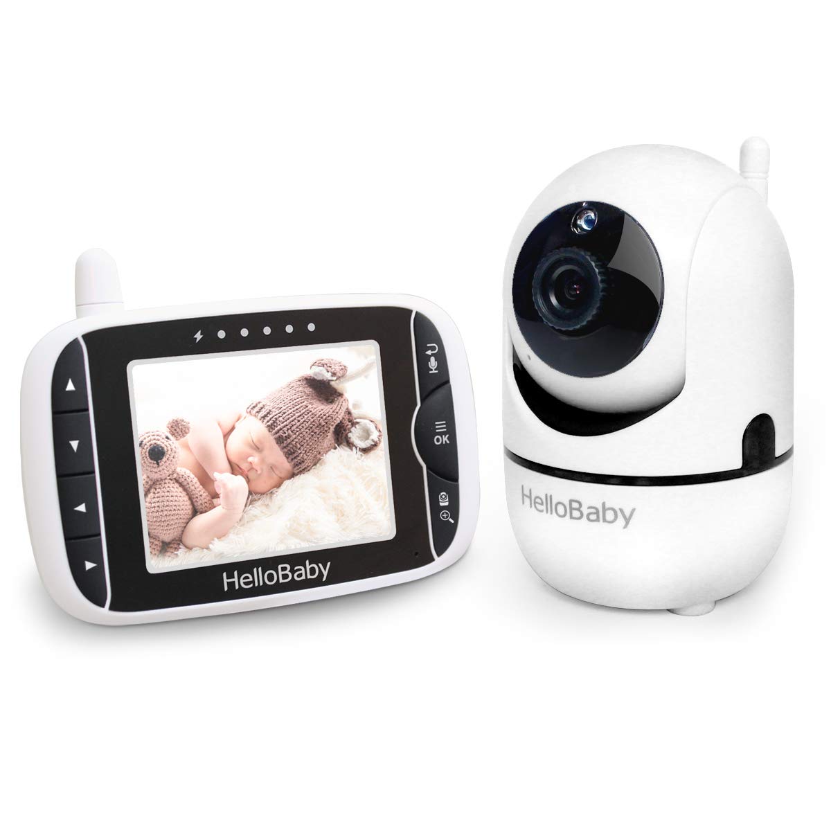 HelloBaby Video Baby Monitor with Remote Camera Pan-Tilt-Zoom, 3.2'' Color LCD Screen, Infrared Night Vision, Temperature Display, Lullaby, Two Way Audio, with Wall Mount Kit