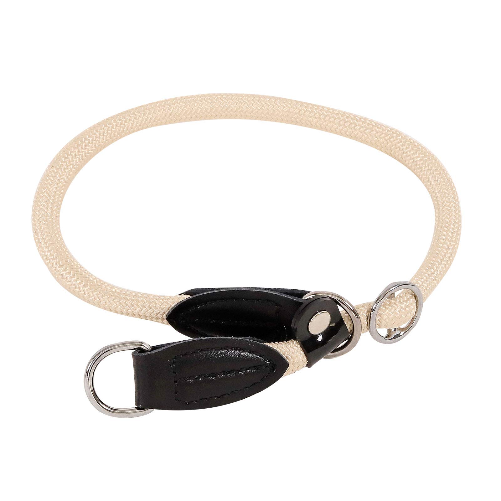 lionto Dog collar made of durable nylon for dog training, length 55 cm, 1 cm thick, pull stop collar for dogs, imitation leather with metal ring & adjustment by stepless slider, beige
