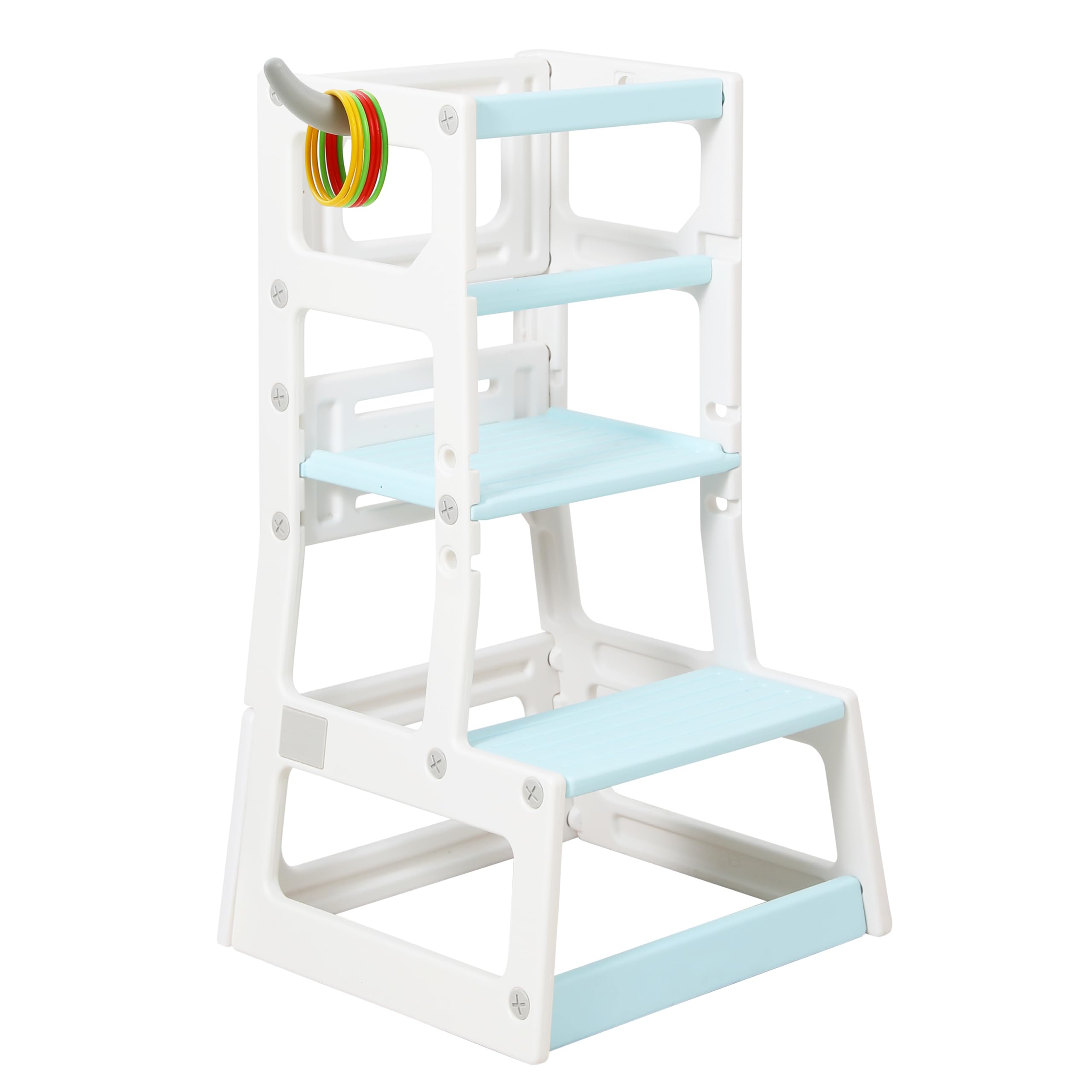 Photo 1 of SDADI Adjustable Height Kids Kitchen Step Stool with Removable Safety Rails and Anti-Slip Protection- Toddler Standing Tower with with Ring Toss for Learning and Playing (Beige and Blue)