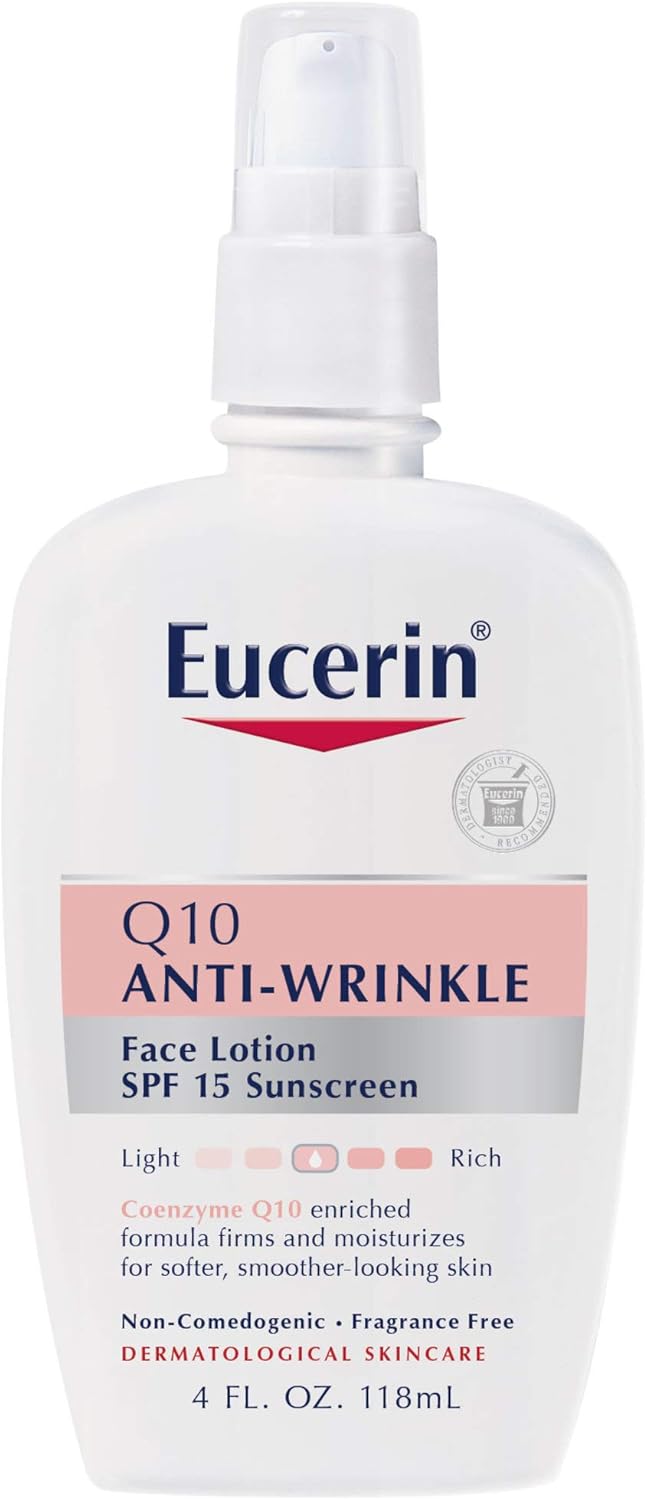 Eucerin Q10 Anti-Wrinkle Face Lotion with SPF 15 - Fragrance-Free, Moisturizes for Softer Smoother Skin - 4 fl. oz Bottle: Health & Personal Care