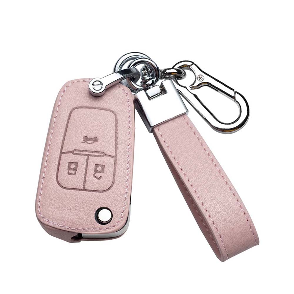 HIBEYO Car Key Case Fits Vauxhall Protective Cover Key Case Cowhide Leather Cover for Vauxhall Astra Insignia Vectra Corsa Zafira Key Fob Case Key Box Flip Key 3 Buttons Pink