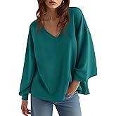 Fisoew Women‘s Oversized Sweatshirts Casual Deep V Neck Lantern Long Sleeve Fall Pullover Tops