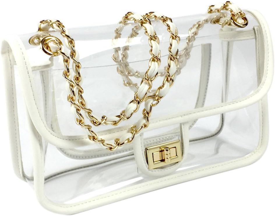 Flada Clear Purse Transparent Handbag Women Shoulder Bags with Chain White