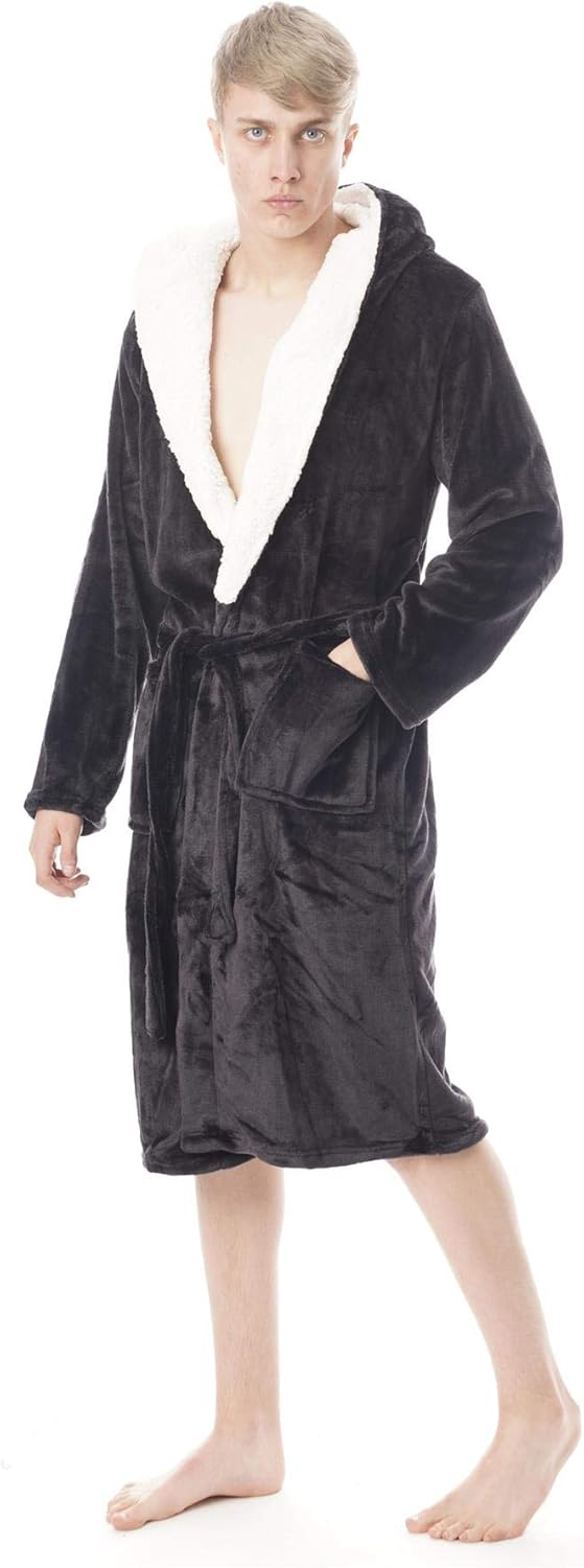 EHD Men's Dressing Gowns Hooded Super Soft Sherpa Fleece Robes Luxury