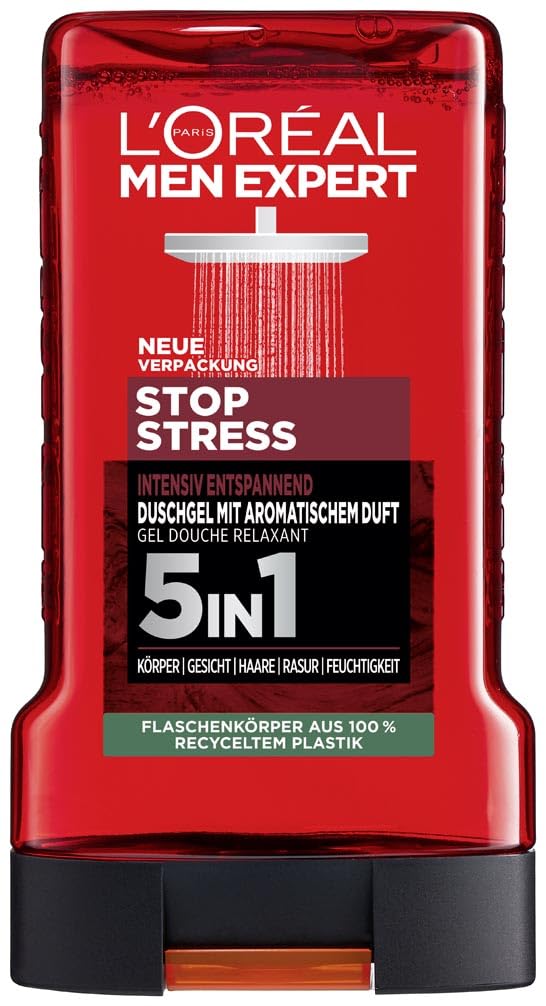 L'Oréal Men Expert Duschgel und Shampoo für Männer, Duschbad zur Reinigung von Körper, Haar und Gesicht, Herren Körperpflege für langanhaltende Frische mit aromatischem Duft, Stop Stress, 1 x 250 ml