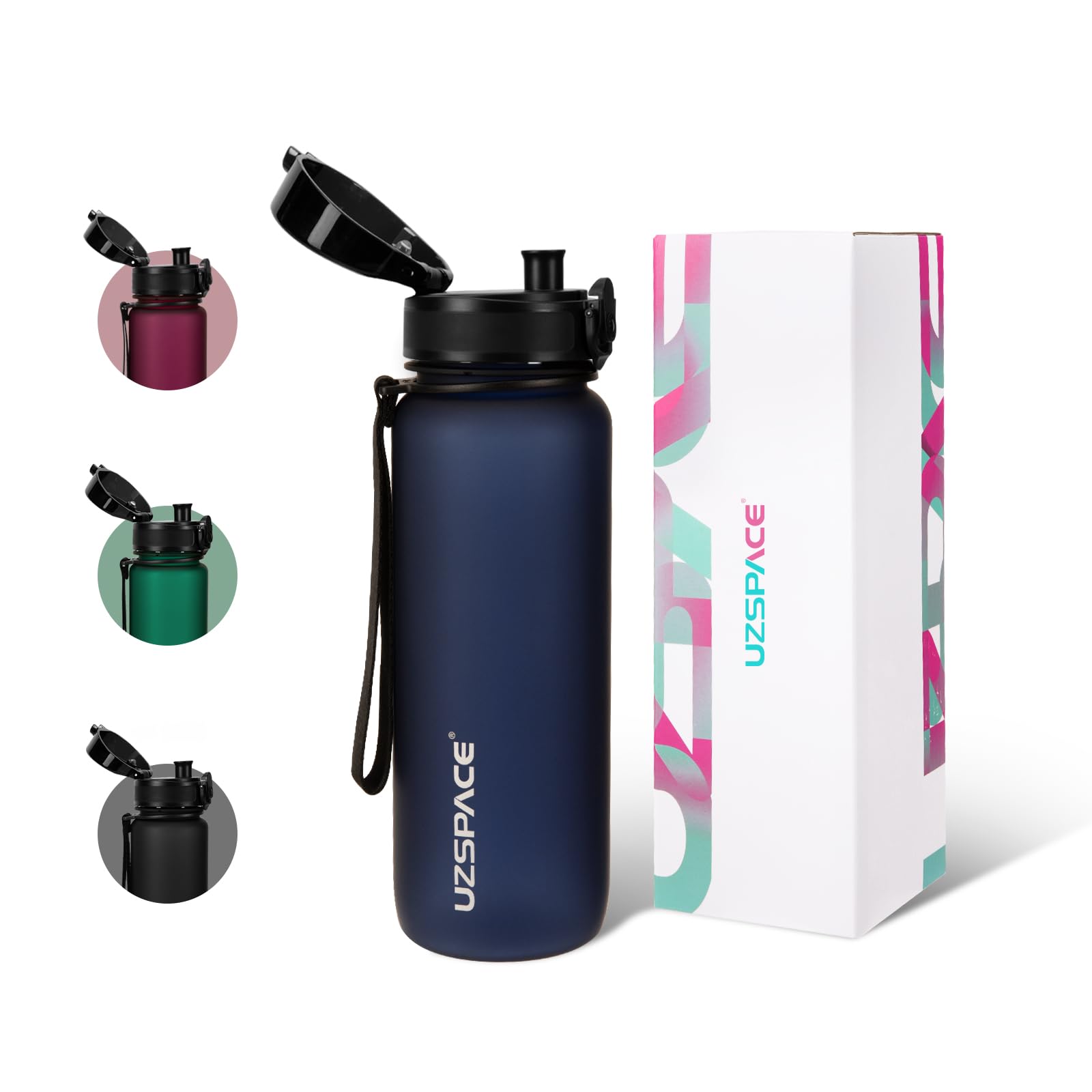 UZSPACE Sports Water Bottle with Strainer - BPA Free Drinking Bottles for Adults - Gym Water Bottle 800ml with Capacity Scale - Daily Water Intake Bottle for School or Fitness & Outdoors Dark Blue