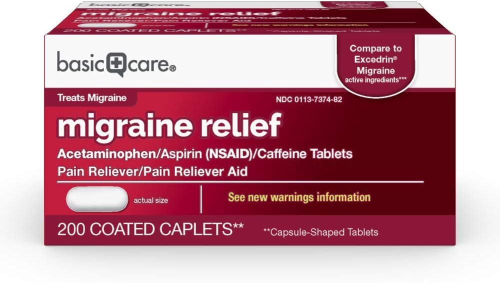  Basic Care Migraine Formula Caplets, Acetaminophen, Aspirin (NSAID) and Caffeine Tablets, Migraine Pain Relief, 200 Count: Health & Personal Care