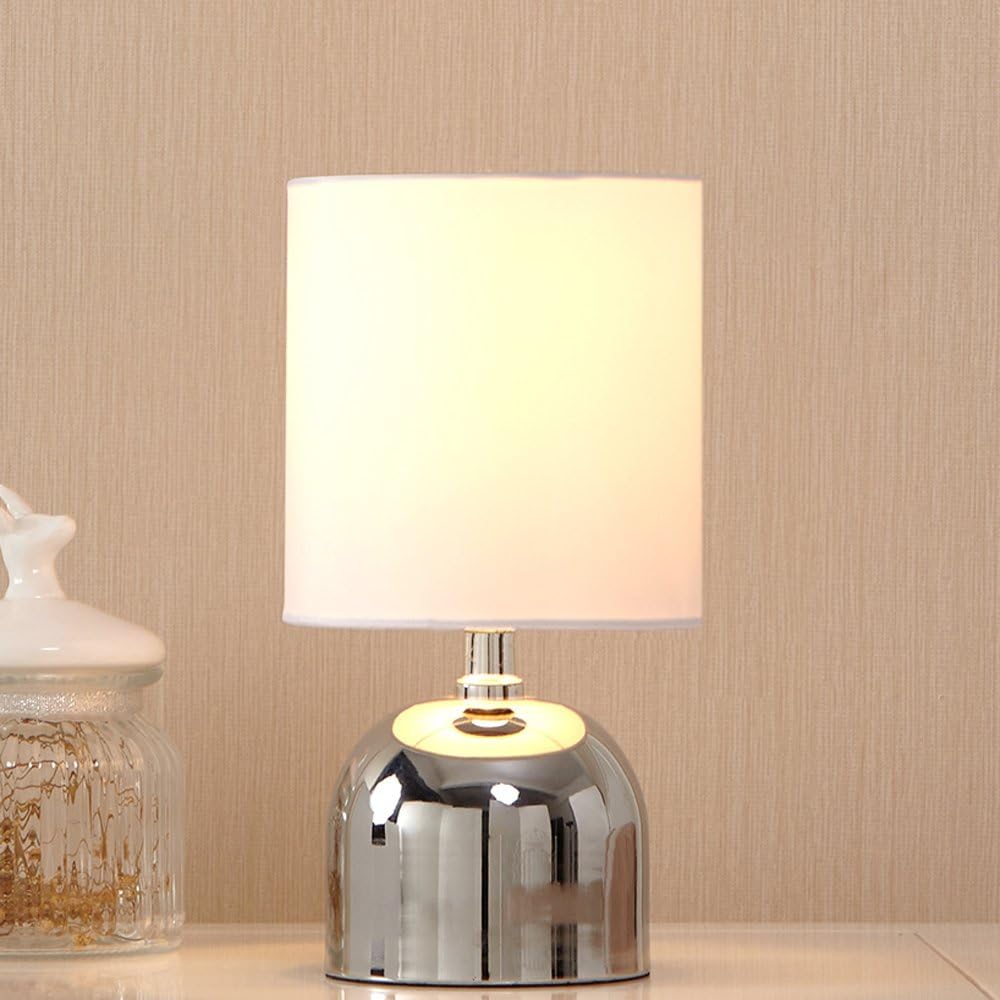 LANKITA HOME Modern Style Chrome Finish Small Mini Bedside Table Lamp,Desk Bedside Lamp with White Fabric Lampshade for Bedroom and Livingroom
