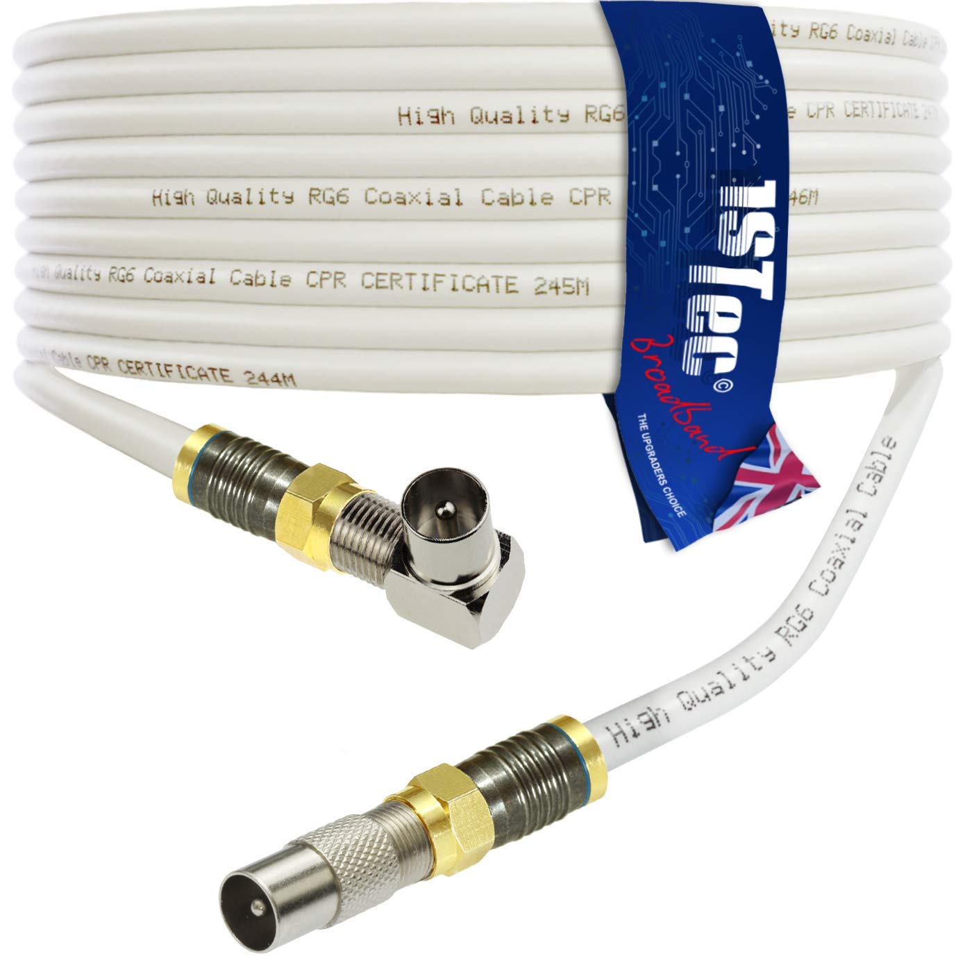 1STec 5m White Right Angled Gold Digital Coaxial Plug to Straight Male TV Extension Cable + Cable Clips (5 Metre, White)