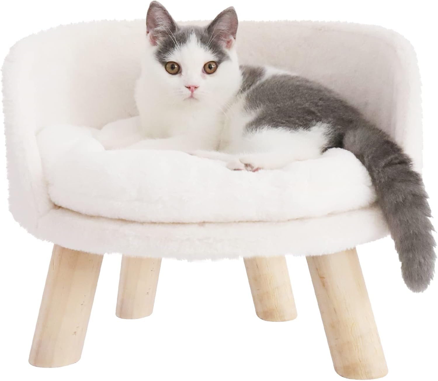 BingoPaw Cat Sofa Chair Bed: Elevated Nordic Pet Stool Bed with Removable Waterproof Mat - Raised Plush Fur Dog Kitten Couch with Wooden Legs Frame (Dia 40cm)