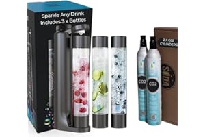 DRINKPOD FIZZpod Soda Maker - Sparkling Water Machine with 3 Water Bottles, 3 Caps, 1 Water Carbonator Cap and Manual - Make Homemade Sparkling Water, Juice, Coffee, Tea and Cocktail Drinks with Fruit (Black + 2 CO2 Cylinders)