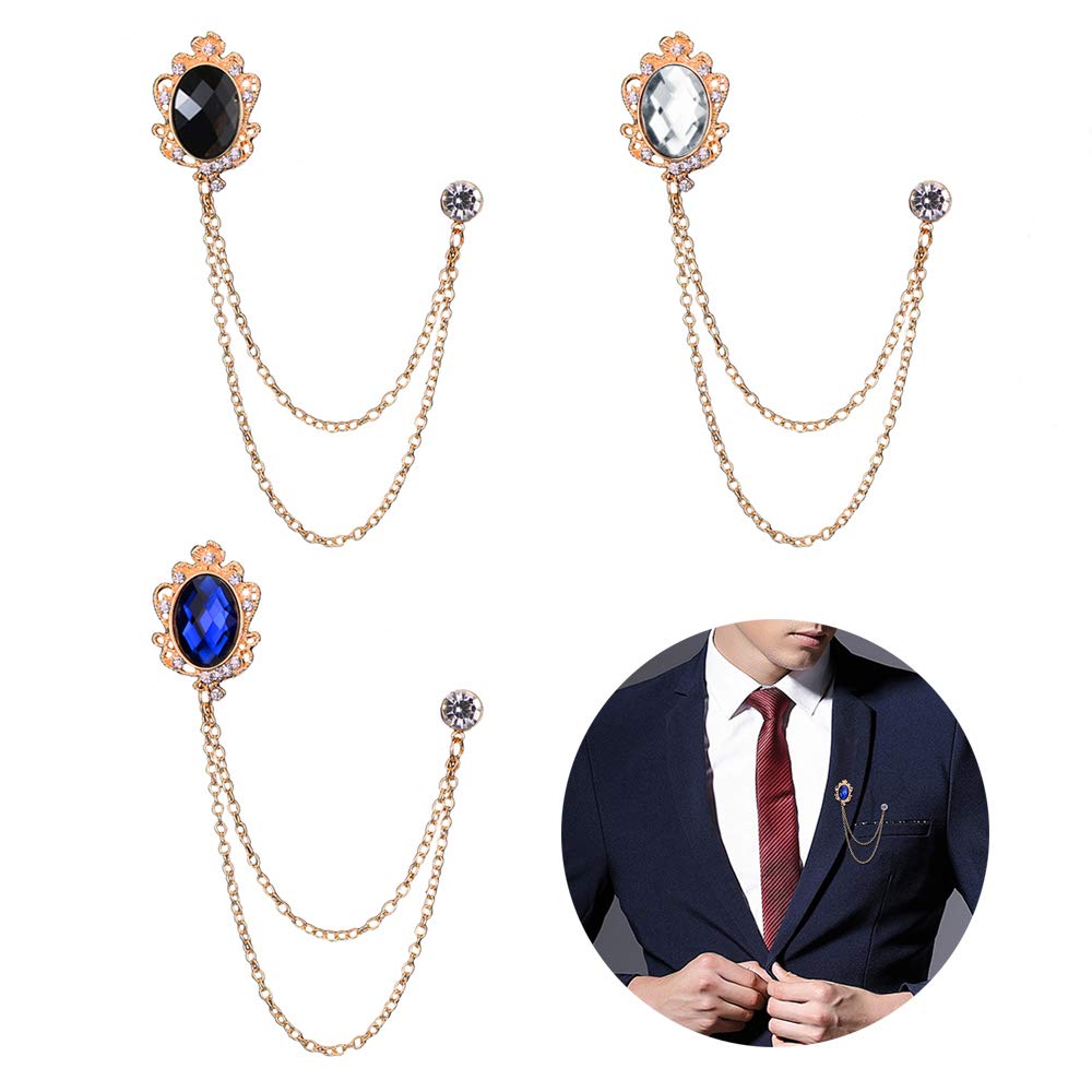 Huture Pack of 3 Men's Brooch Pin Brooches Metal Clip Blouses Clips Scarf Accessories Clip Pins Crystal Vintage Clips Fashion Jewellery Badge Corsage for Women White Black Blue Diamond