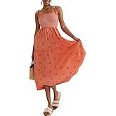GRMLRPT Women Floral Embroidered Maxi Dress Boho Sleeveless Tie Strap Shoulder Dresses Smocked Summer Sundress with Pockets