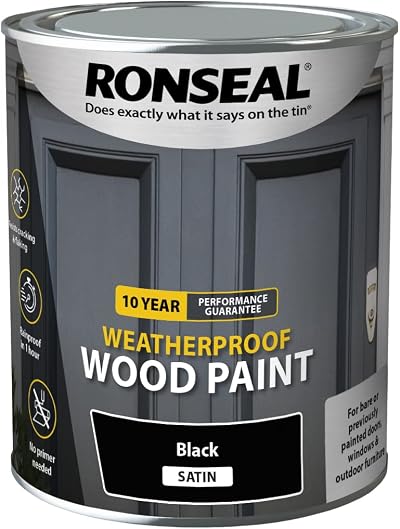 Ronseal 10 Year Weatherproof Wood Paint 2 in 1 Black Satin 750ml