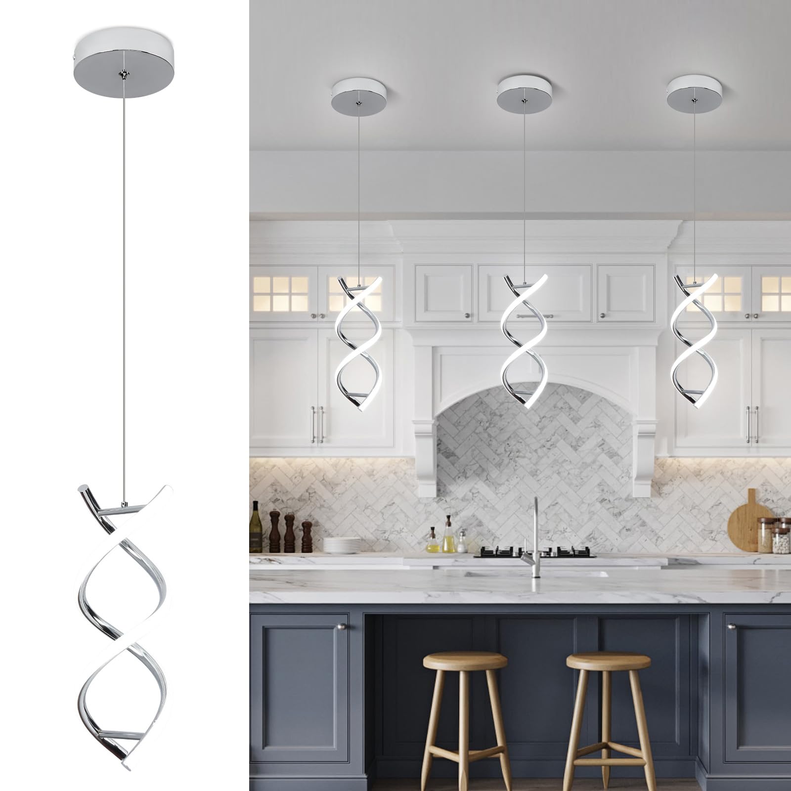 Photo 1 of CANEOE Spiral Led Pendant Light Fixture,15W Cold White Light Modern Integrated LED Hanging Lamp, Adjustable Island Light Fixture for Living Room Bedroom Kitchen Sink, 1 Pack (Chrome)