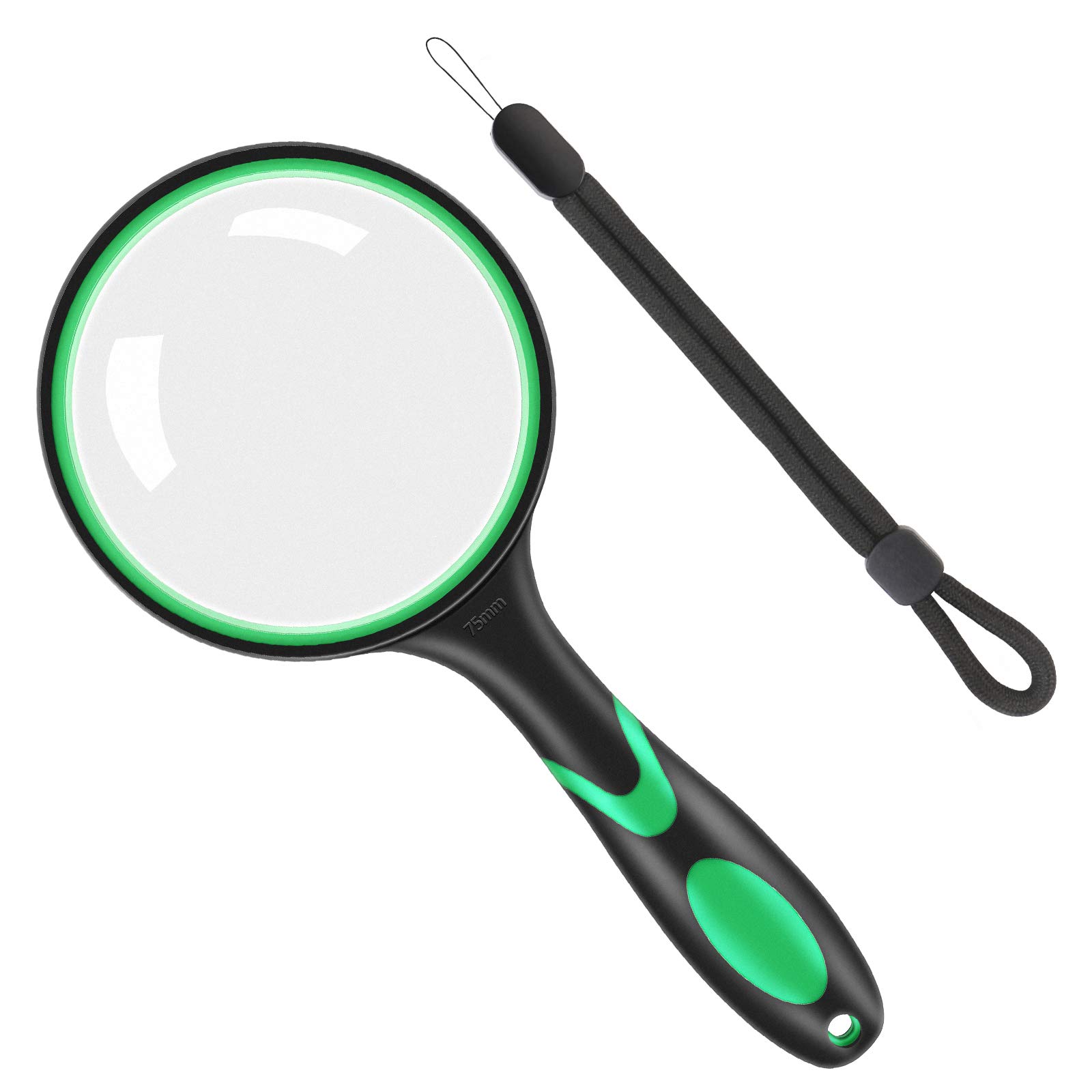 Vicloon Magnifying Glass, 10X Handheld Reading Magnifier, 75mm Magnifying Lens Handheld Magnifying Glass with Hanging Rope and Rubber Handle for Observation Reading Book Fault Finding (Green)