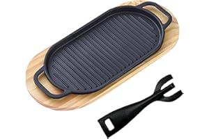 Auch Cast Iron Fajita Skillet Pan Set Sizzling Steak Plate with Wooden Base Cast Iron Grill Frying Pan Server Plate for Home 