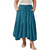 Moon Wood Women's Plus Size Maxi Skirt High Waisted Ruffle A-Line Renaissance Asymmetric Skirts with Pockets for Beach Travel