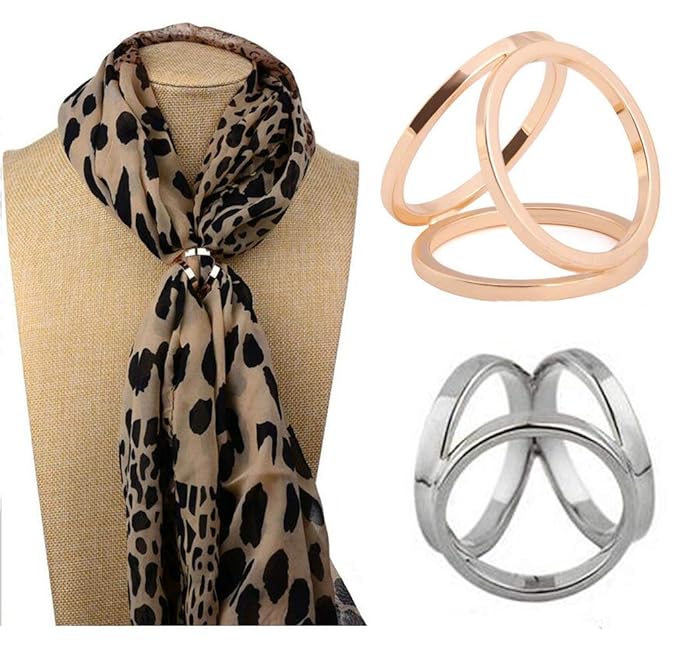 2PCS(Golden + Silver) Women Lady Girls Three Ring Fashion Scarf Ring Buckle Modern Simple Triple