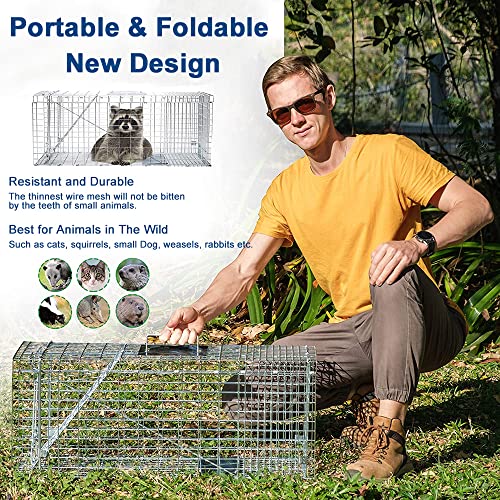 Stray Animal Trap Large Foldable Humane Homeless Cat Trap with Metal Crate | 2 Doors Catching/Release Stray Cats and Dogs, for Raccoon Bobcats Beavers Groundhogs Opossums Armadillos Outdoor