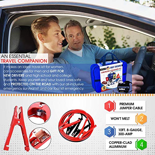 Car Emergency Safety Kit Bag with Portable Air Compressor, First Aid Kit, Heavy Duty Roadside