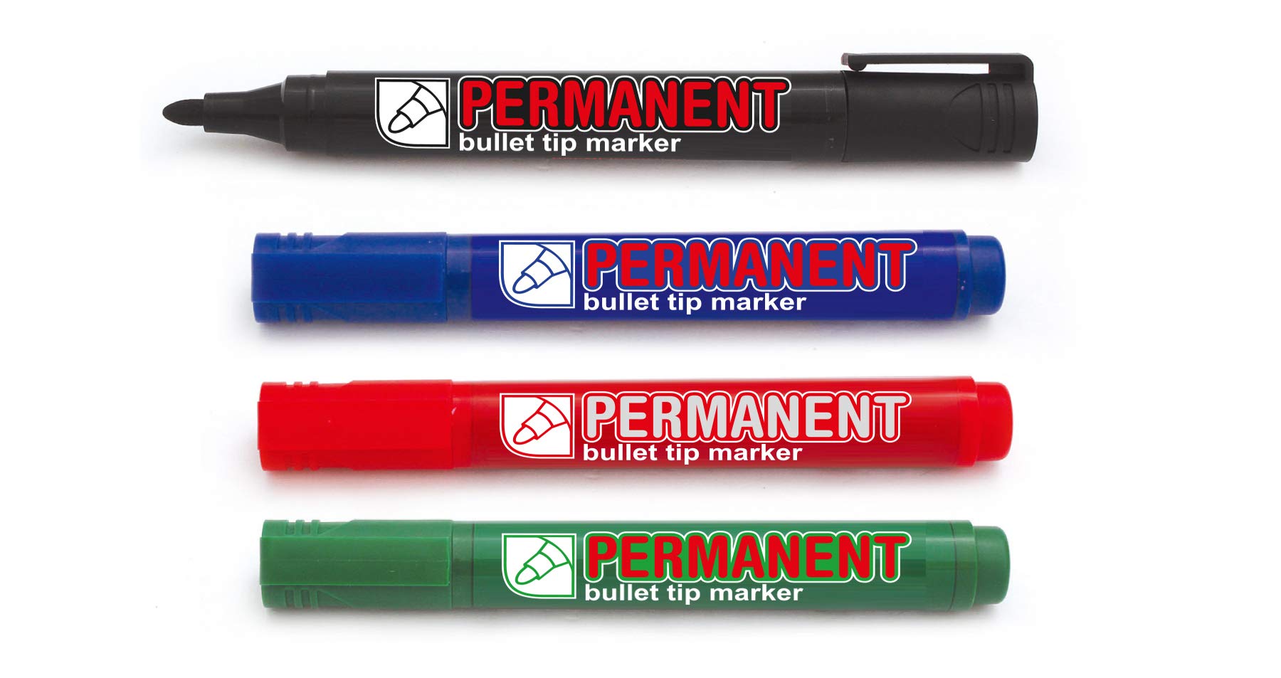 CROWN Permanent Markers Bullet Tip Markers - Wallet Of 4 - Permanent Ink - Black, Red, Blue & Green - 2mm Line