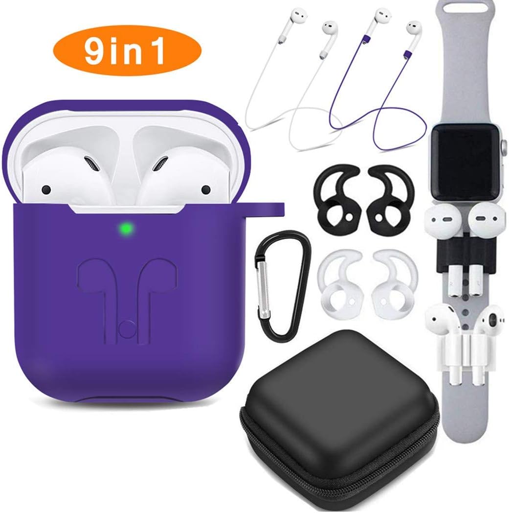 TAOSANHU AirPods Case 9 in 1 Airpods Accessories Kits Protective Silicone Cover and Skin Compatible Apple Airpods Charging Case with Airpods Ear Hook/Tips/Airpods Strap/Clips/Watch Band Holder