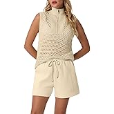 GRECERELLE 2026 Women 2 Piece Sets Crochet Hollow Knit Half-Zip Sweater Tank Top & Shorts Lounge Travel Matching Outfits