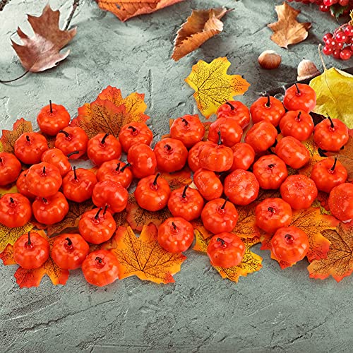 HAKACC 48 PCS Mini Fake Pumpkins Mini Artificial Pumpkins with 30 PCS Fake Maple Leaves, Small Cute Realistic Foam Pumpkin for Halloween Decoration, Fall Harvest Thanksgiving Party Decoration