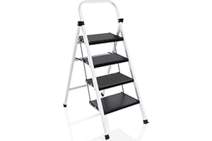 HWYDZ 4 Step Ladder, Step Stool Folding with Handrails for Adults 4 Steps for Home Kitchen Foldable, Heavy Duty Iron Stepladder, Aluminum Anti-Slip Pedal + Alloy Steel Stand, 500 lbs Capacity, White