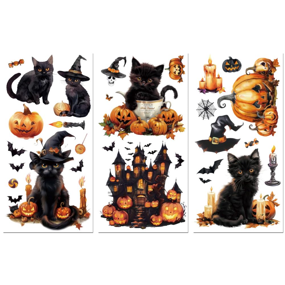 Peacoblue Rub on Transfer Decals for Furniture Crafts Halloween Pumpkin and Cat Decor 6"x12", 3Pcs Waterproof UV DTF Transfer Sticker for Dresser Lingerie Chests Drawer Glass Porcelain Wood Plastic
