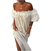 Hykytyhk Womens Sexy Off Shoulder Dress Casual Loose Short Sleeve High Waist Side Split Flowy A Line Long Maxi Dress