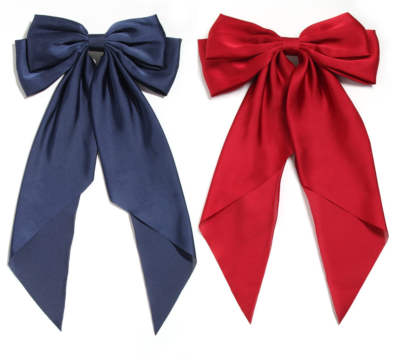 Furling Pompoms Pack of 2 Big Bow Hair Barrette Clips Soft Satin Silky Bowknot with long Tail French Barrette Hair Clip Hair Scrunchie Cute Gifts for Women Girls Navy Burgundy