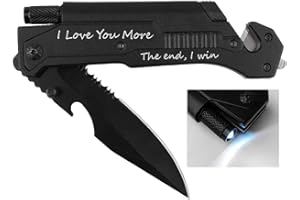 Fanfoobi Engraved Hunting Pocket Knife, I Love You More, Pocket Knife for Men with 6 Functions, LED Light, Fire Starter, Bottle Opener,Seat Belt Cutter,Glass Breaker, Mens Pocket Knife