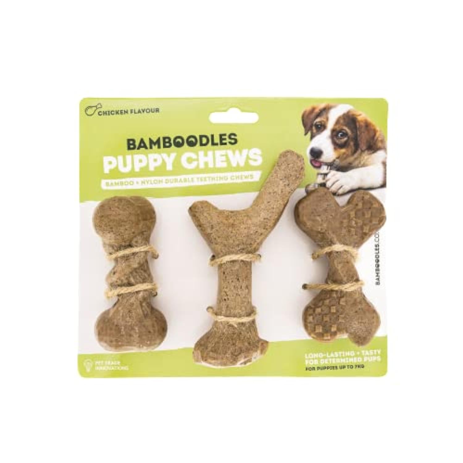 Bamboodles Puppy Chew Toy 3 Pack – Chicken Flavour | Long Lasting Natural Chews for Puppies | Safe Gentle I-Bone Design for Teething Comfort
