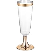 BloominGoods 50 Plastic Gold Rimmed Champagne Flutes | 5.5 oz. Clear Hard Disposable Party & Wedding Glass | Premium Heavy Duty Fancy Cup (50-Pack)