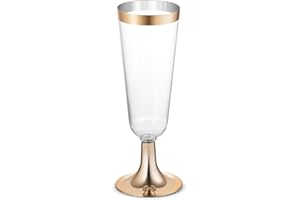 BloominGoods 50 Plastic Gold Rimmed Champagne Flutes | 5.5 oz. Clear Hard Disposable Party & Wedding Glass | Premium Heavy Duty Fancy Cup (50-Pack)