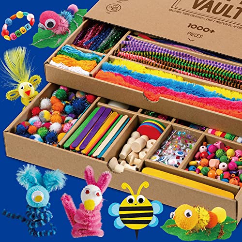 EDUMAN Kids Crafts, 1000+ Piece Creative Craft Kit Materials, Includes Pipe Cleaner, Pompoms, Rods, Wiggle Eye, Beads, Sequins, Creative Game Gift for Boys and Girls