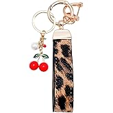 Peraca Cris Cherry Keychain Pearl Purse Charm Leopard Leather Keychain Wristlet Cherry Bag Charm Accessories for Women Trendy