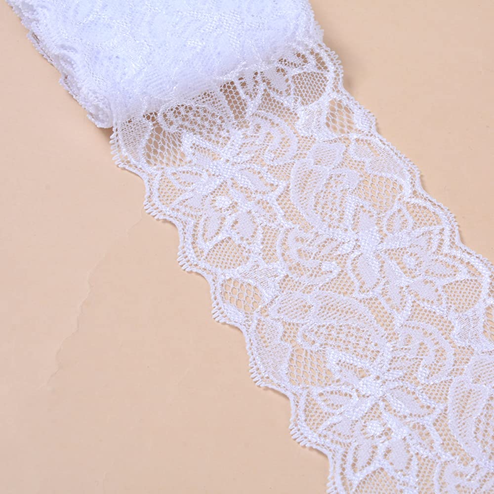 3 Yards Elasticity Lace Border Lace Ribbon, 8 cm Wide Colourful Lace Flowers Border Decorative Lace Trim Lace Fabric Lace Trim for Sewing DIY Craft Clothing Underwear White