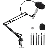 Amazon Basics Heavy-Duty Microphone Desk Arm Stand All-in-One Kit, with Adjustable Boom, Pop Filter, and Windscreen, for Blue