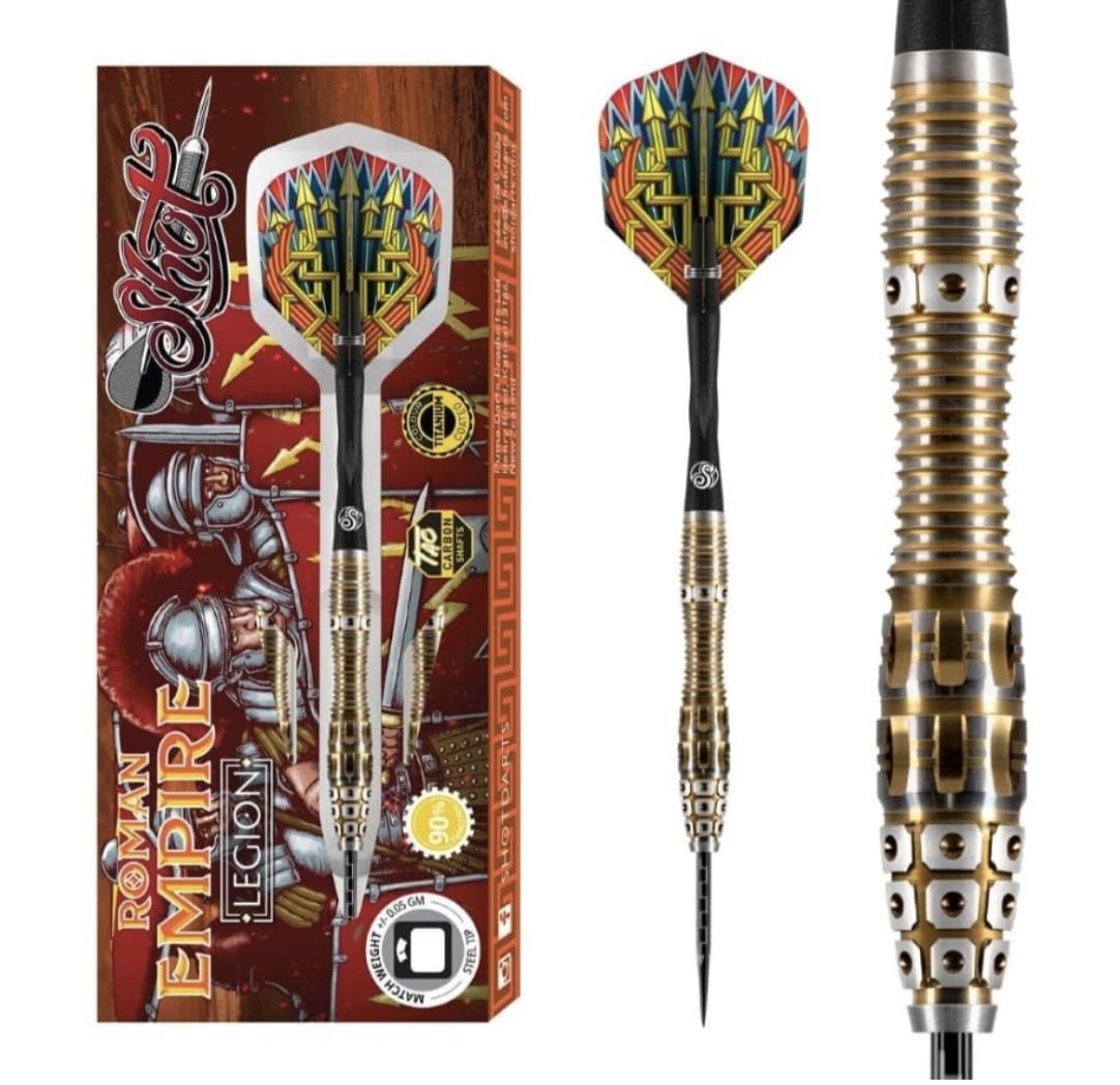 Shot! - Roman Empire Legion Steel Tip Dart Set | 90% Tungsten Barrels | Precision Machined | Front Weighted for Accuracy | Designed for All Levels, Gold, Tungsten